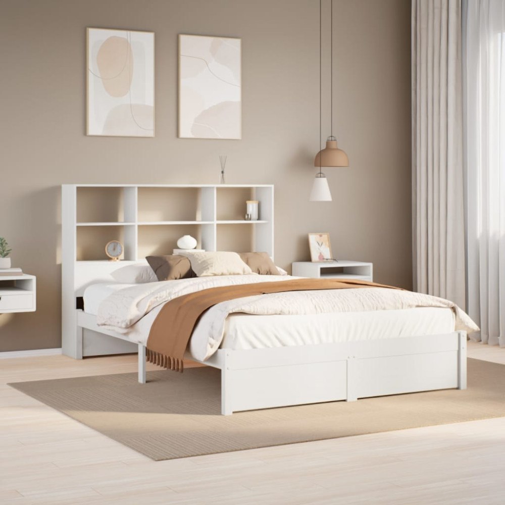 vidaXL Säng med bokhylla utan madrass vit 140x190cm massiv furu