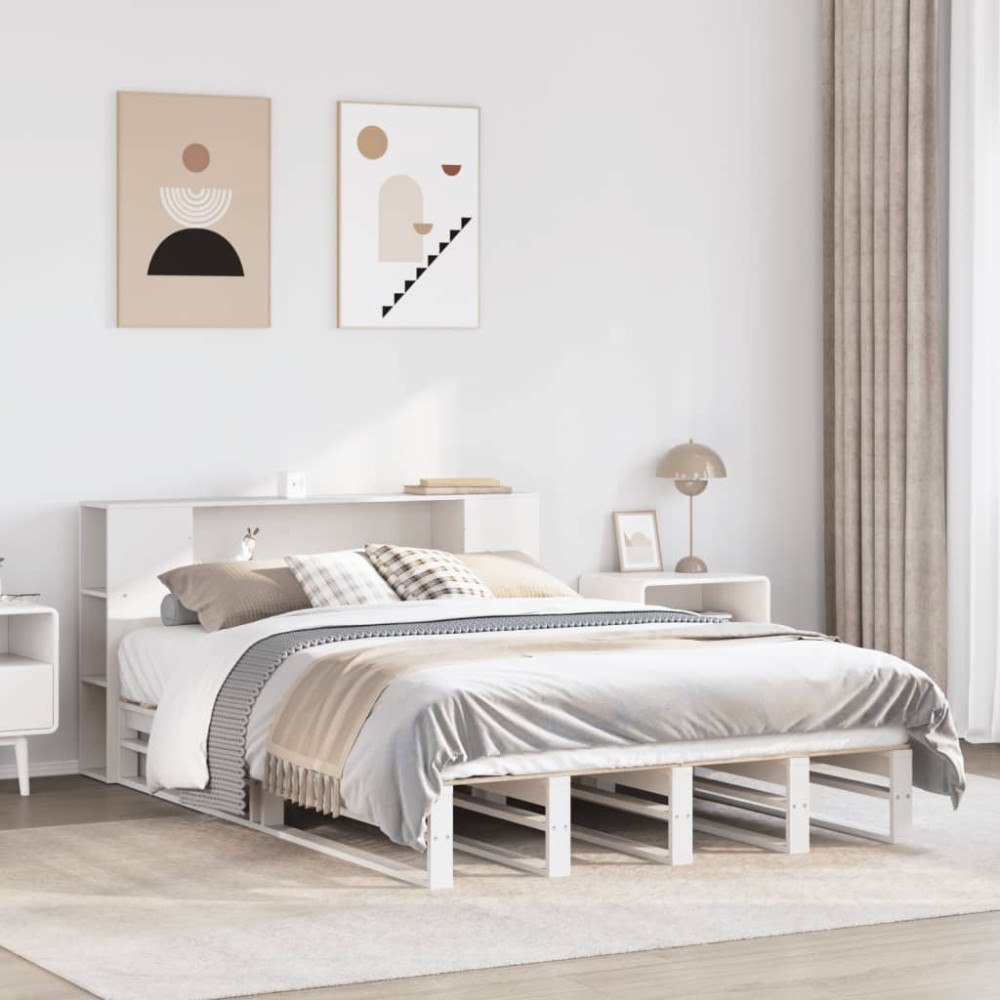 vidaXL Säng med bokhylla utan madrass vit 120x200 cm massiv trä