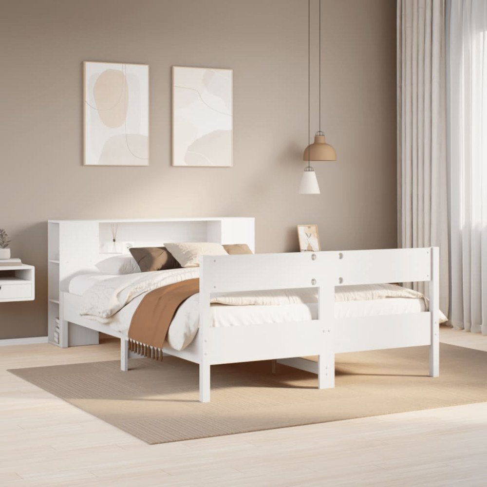 vidaXL Säng med bokhylla utan madrass vit 135x190cm massiv furu
