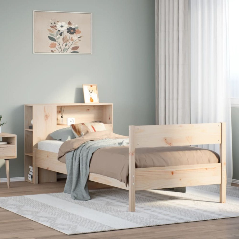 vidaXL Säng med bokhylla utan madrass 75x190cm massiv furu