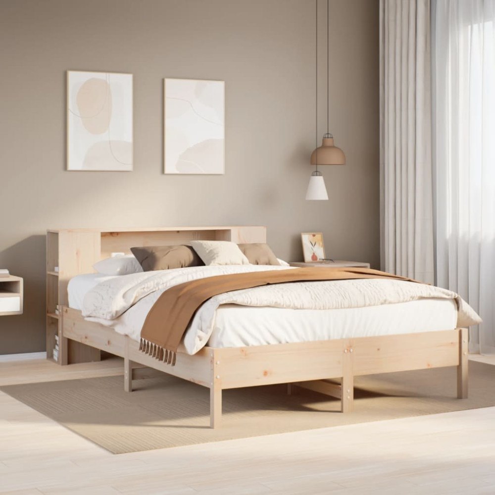 vidaXL Säng med bokhylla utan madrass 135x190cm massiv furu