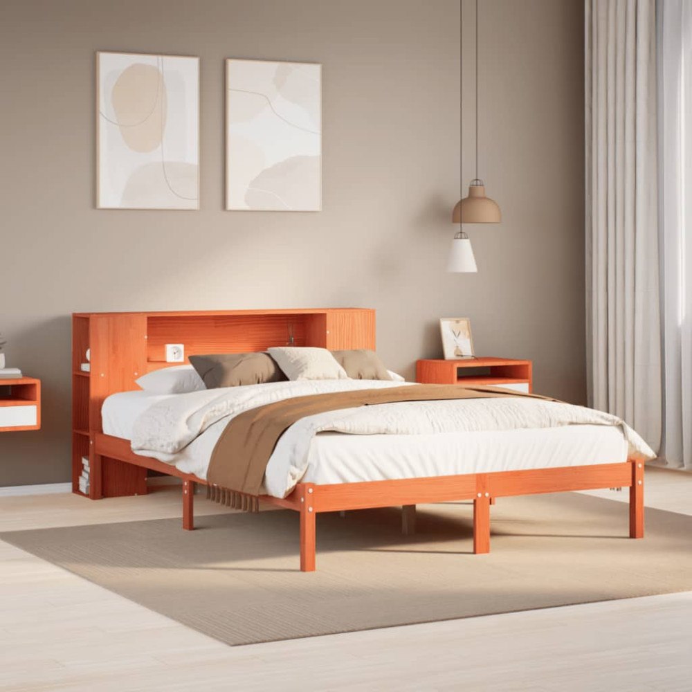 vidaXL Säng med bokhylla utan madrass vaxbrun 135x190cm massiv furu