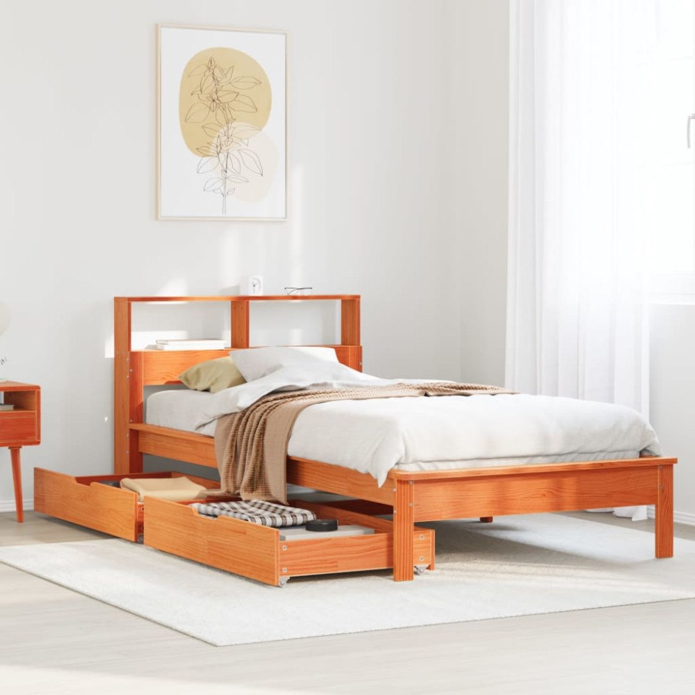 vidaXL Säng med bokhylla utan madrass vaxad brun 90x190 cm massiv furu