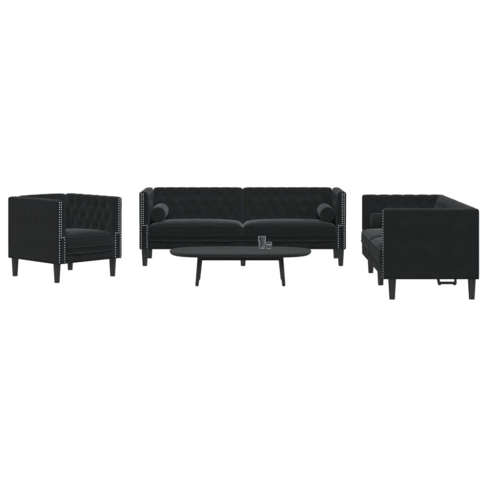 vidaXL Soffgrupp chesterfield 3 delar bolsterkuddar svart sammet