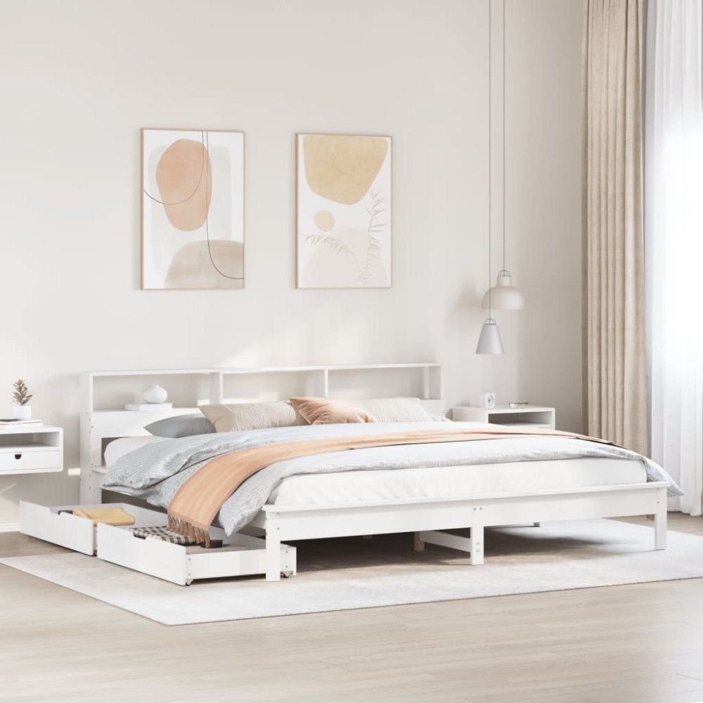 vidaXL Säng med bokhylla utan madrass vit 200x200cm massiv furu