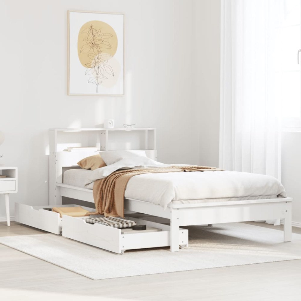 vidaXL Säng med bokhylla utan madrass vit 75x190cm massiv furu