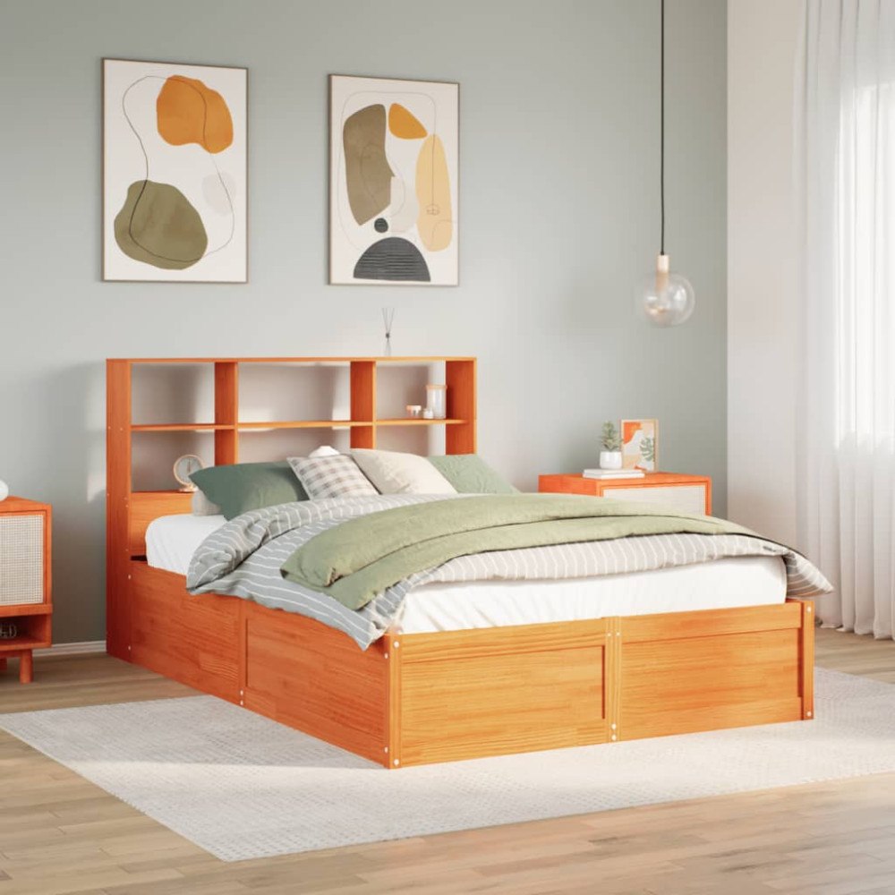 vidaXL Sängram utan madrass vaxbrun 140x190 cm massiv furu