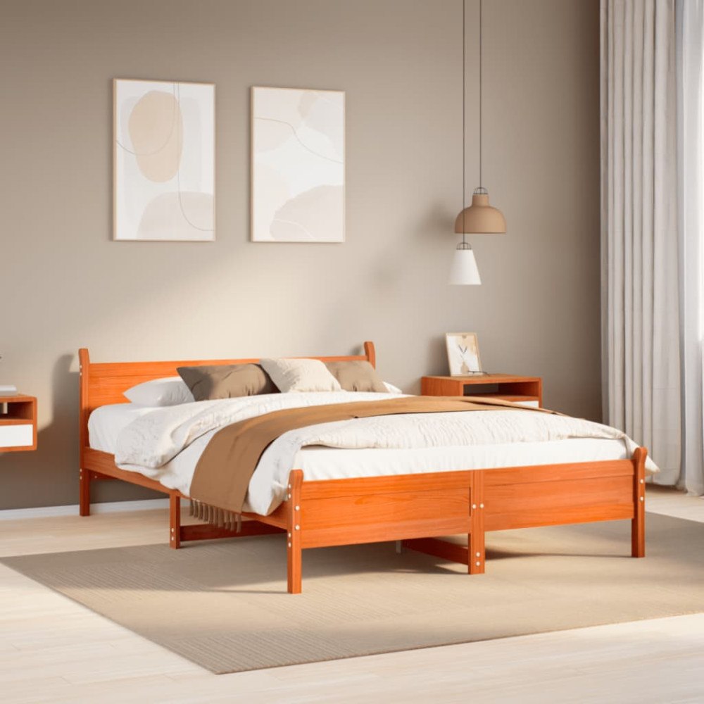 vidaXL Sängram utan madrass vaxbrun 160x200 cm massiv furu