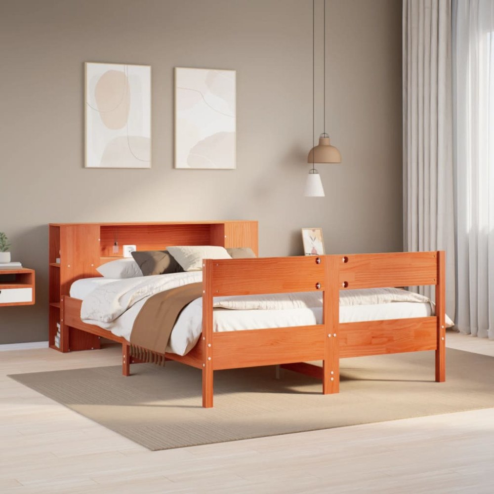 vidaXL Säng med bokhylla utan madrass vaxbrun 150x200cm massiv furu