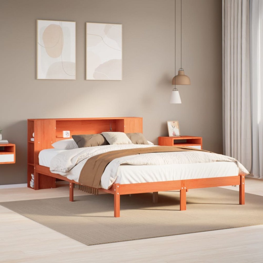 vidaXL Säng med bokhylla utan madrass vaxbrun 140x190cm massiv furu