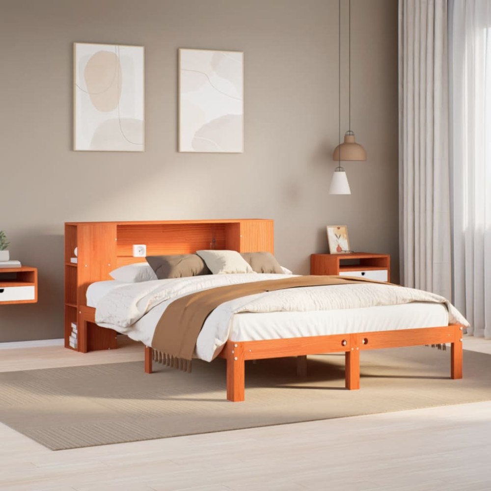 vidaXL Säng med bokhylla utan madrass vaxbrun 135x190cm massiv furu