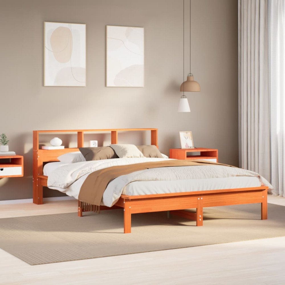 vidaXL Säng med bokhylla utan madrass vaxbrun 120x200 cm massiv furu