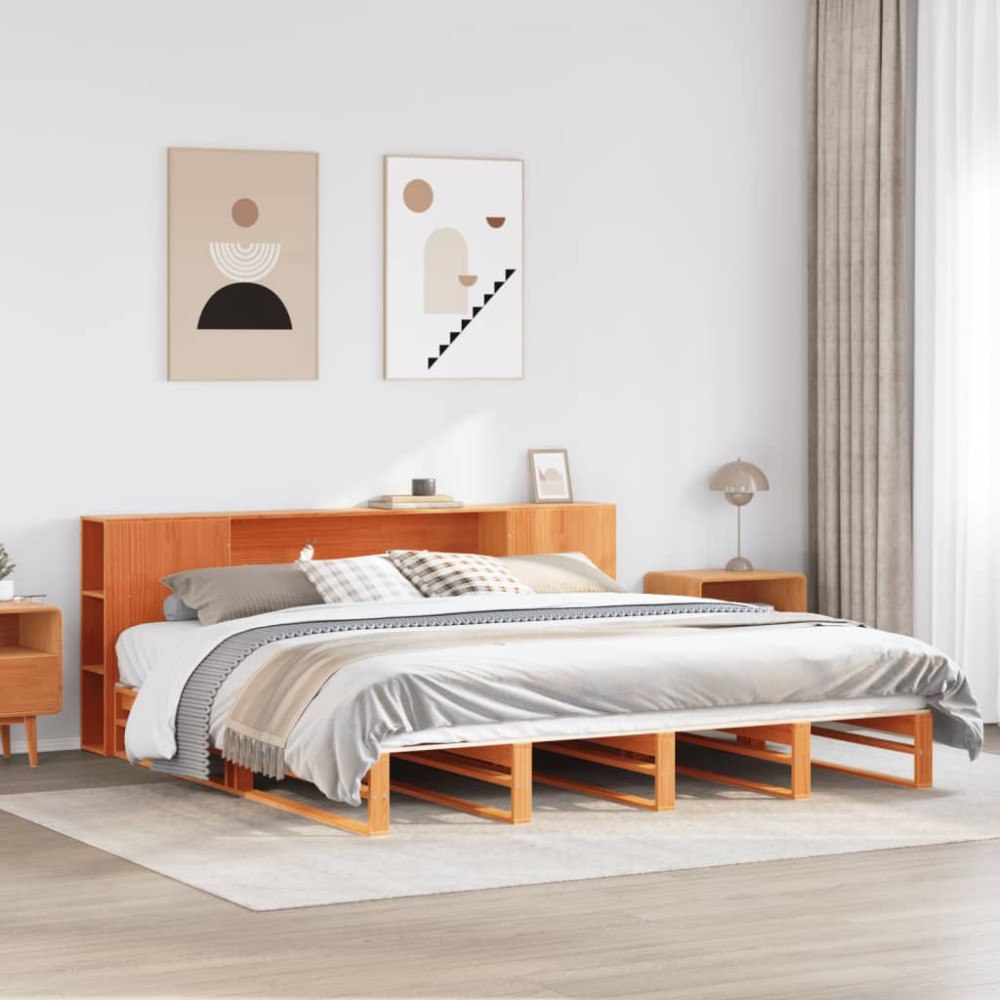 vidaXL Säng med bokhylla utan madrass vaxbrun 200x200 cm massiv trä