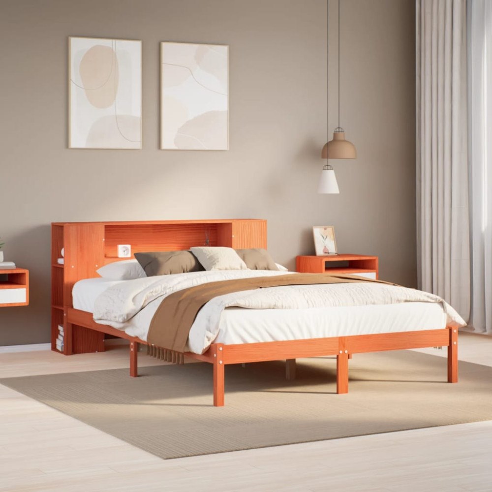 vidaXL Säng med bokhylla utan madrass vaxbrun 140x200cm massiv furu