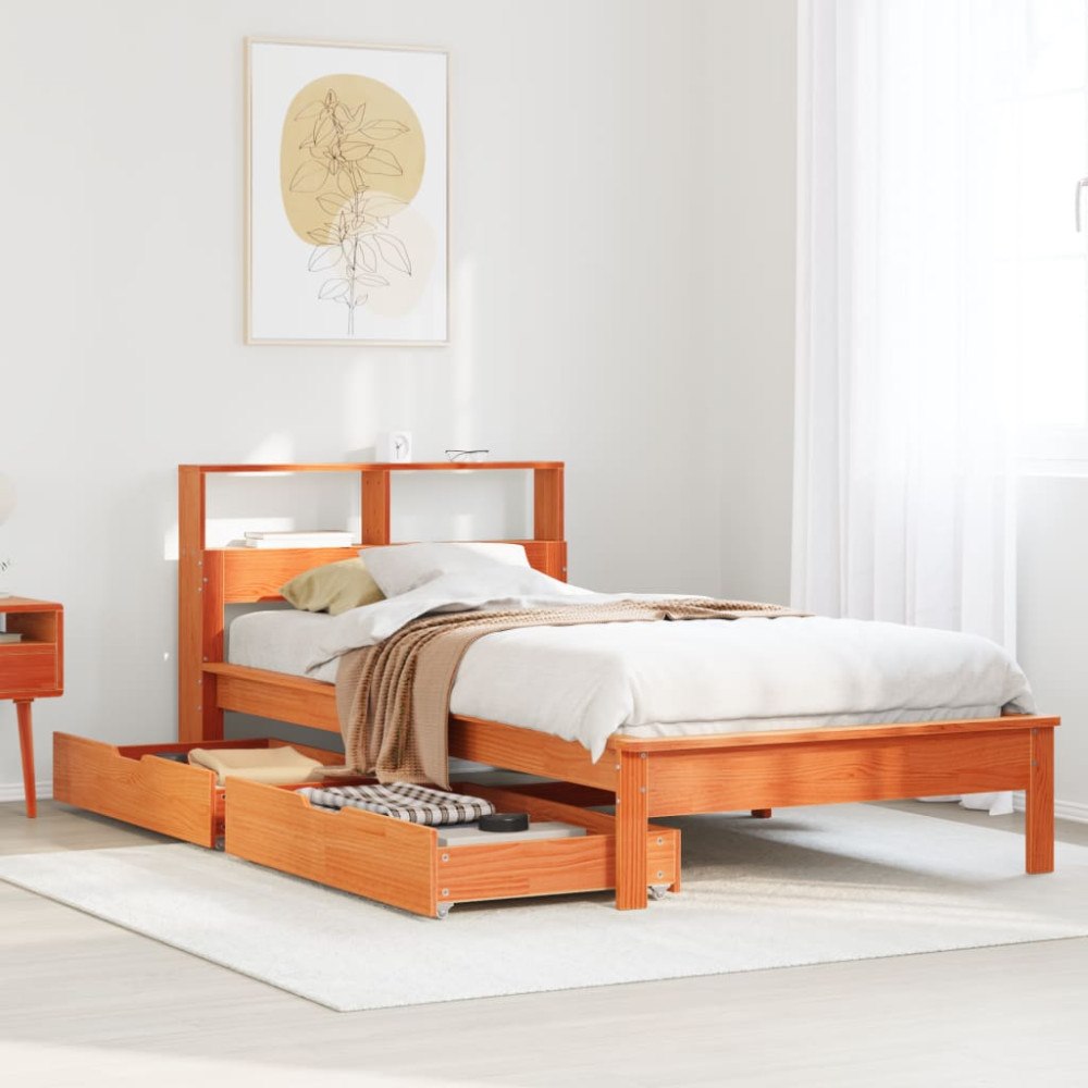 vidaXL Säng med bokhylla utan madrass vaxbrun 75x190 cm massiv furu
