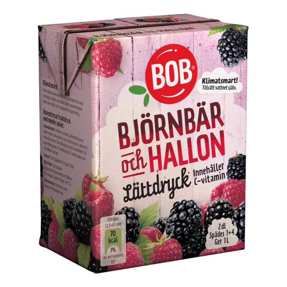 BOB Lättdryck Björnbär & Hallon 2 dl (Utgånget. datum)