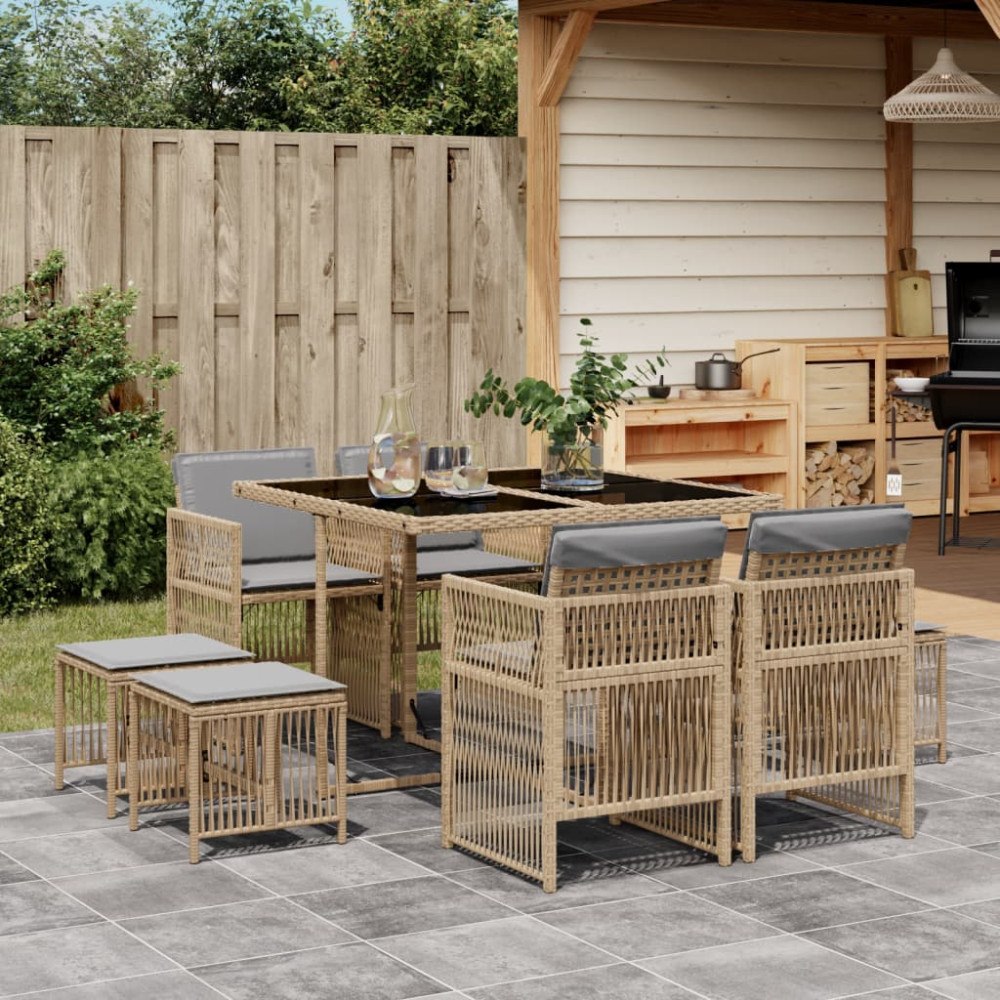 vidaXL Matgrupp för trädgården med dynor 9 delar mixbeige konstrotting