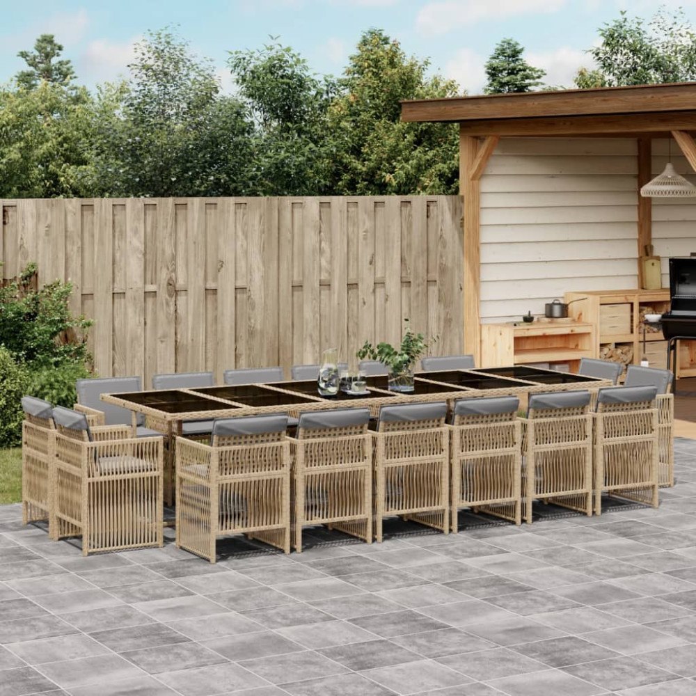 vidaXL Matgrupp för trädgården med dynor 17delar mixbeige konstrotting