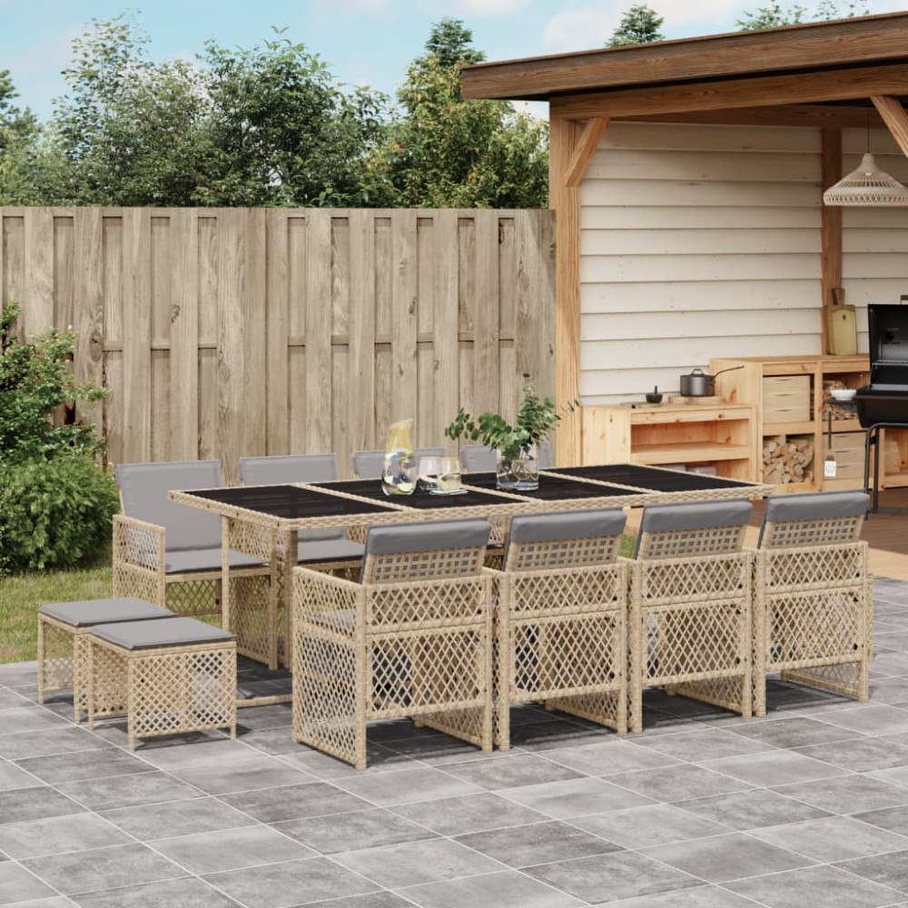 vidaXL Matgrupp för trädgården med dynor 13 delar beige konstrotting