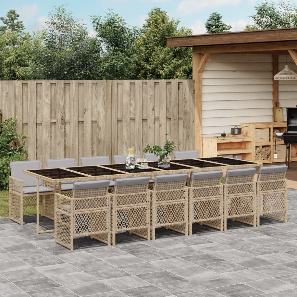vidaXL Matgrupp för trädgården med dynor 13 delar beige konstrotting