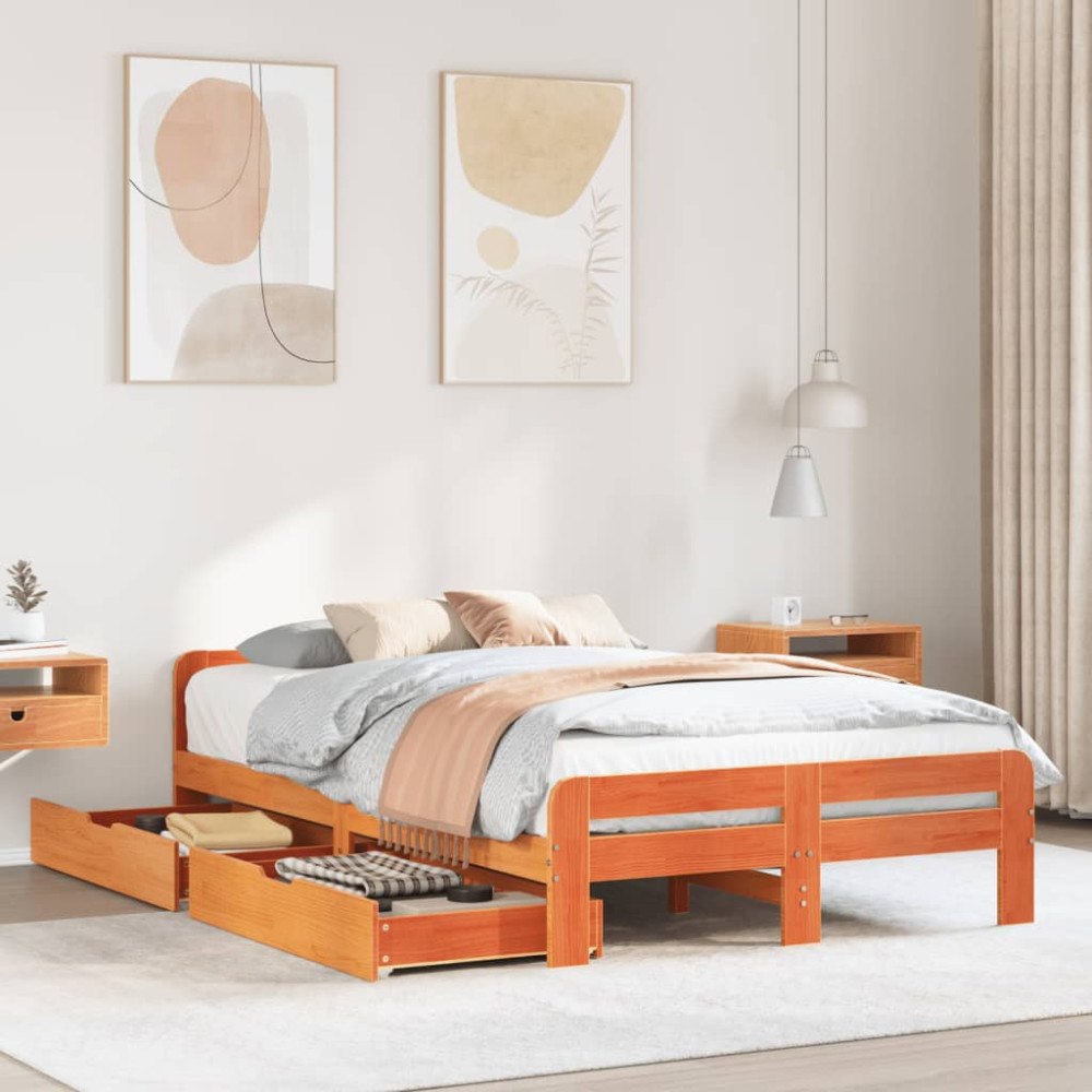 vidaXL Sängram utan madrass vaxbrun 135x190 cm massiv furu