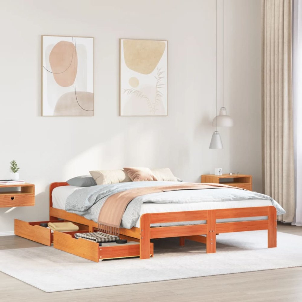 vidaXL Sängram utan madrass vaxbrun 160x200 cm massiv furu
