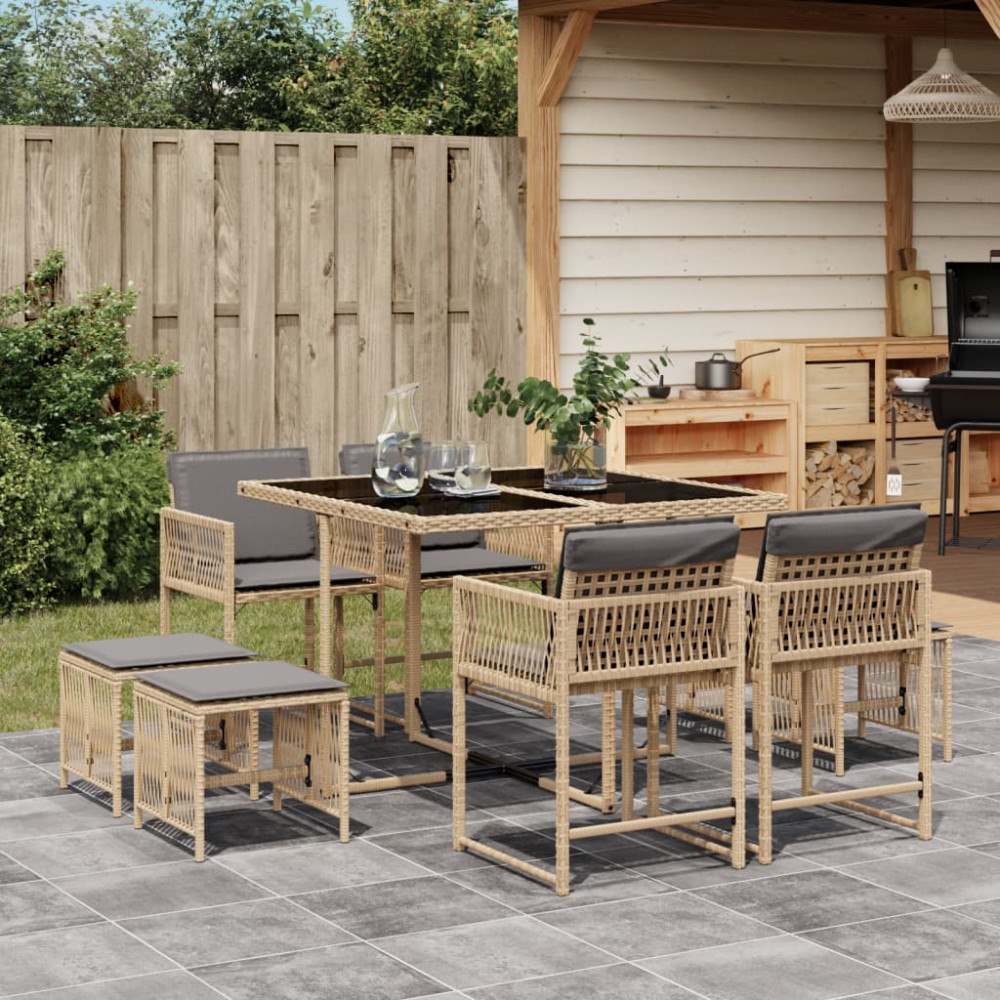 vidaXL Matgrupp för trädgården med dynor 9 delar mixbeige konstrotting