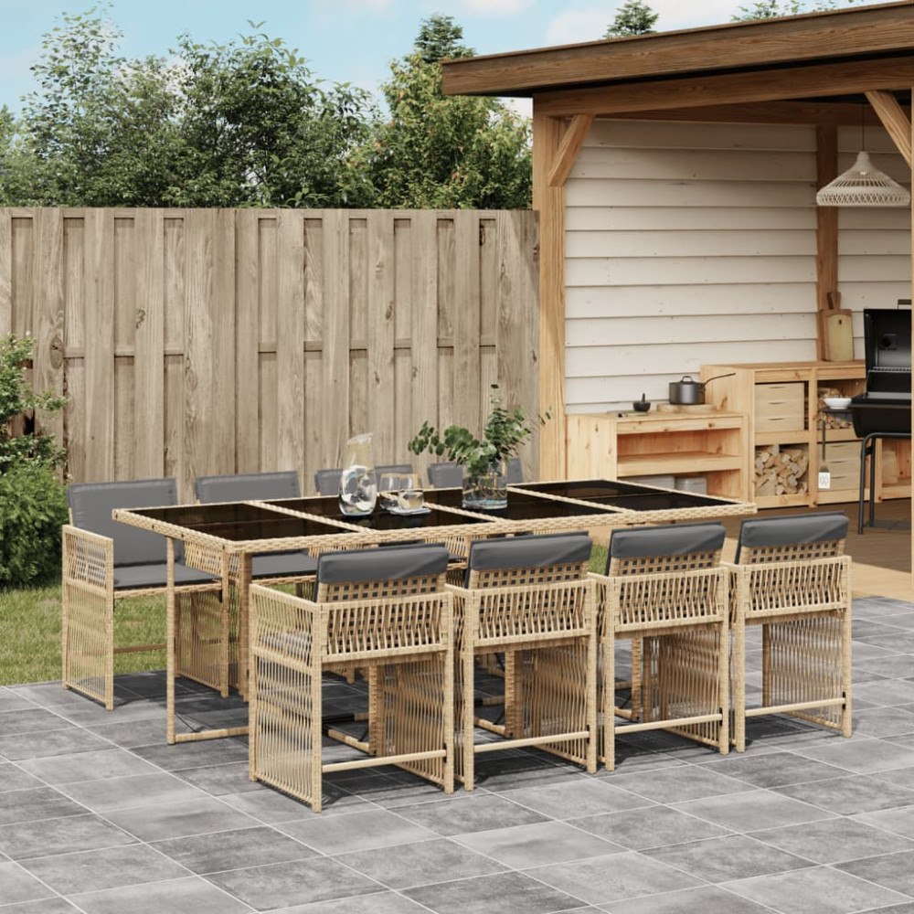 vidaXL Matgrupp för trädgården med dynor 9 delar mixbeige konstrotting