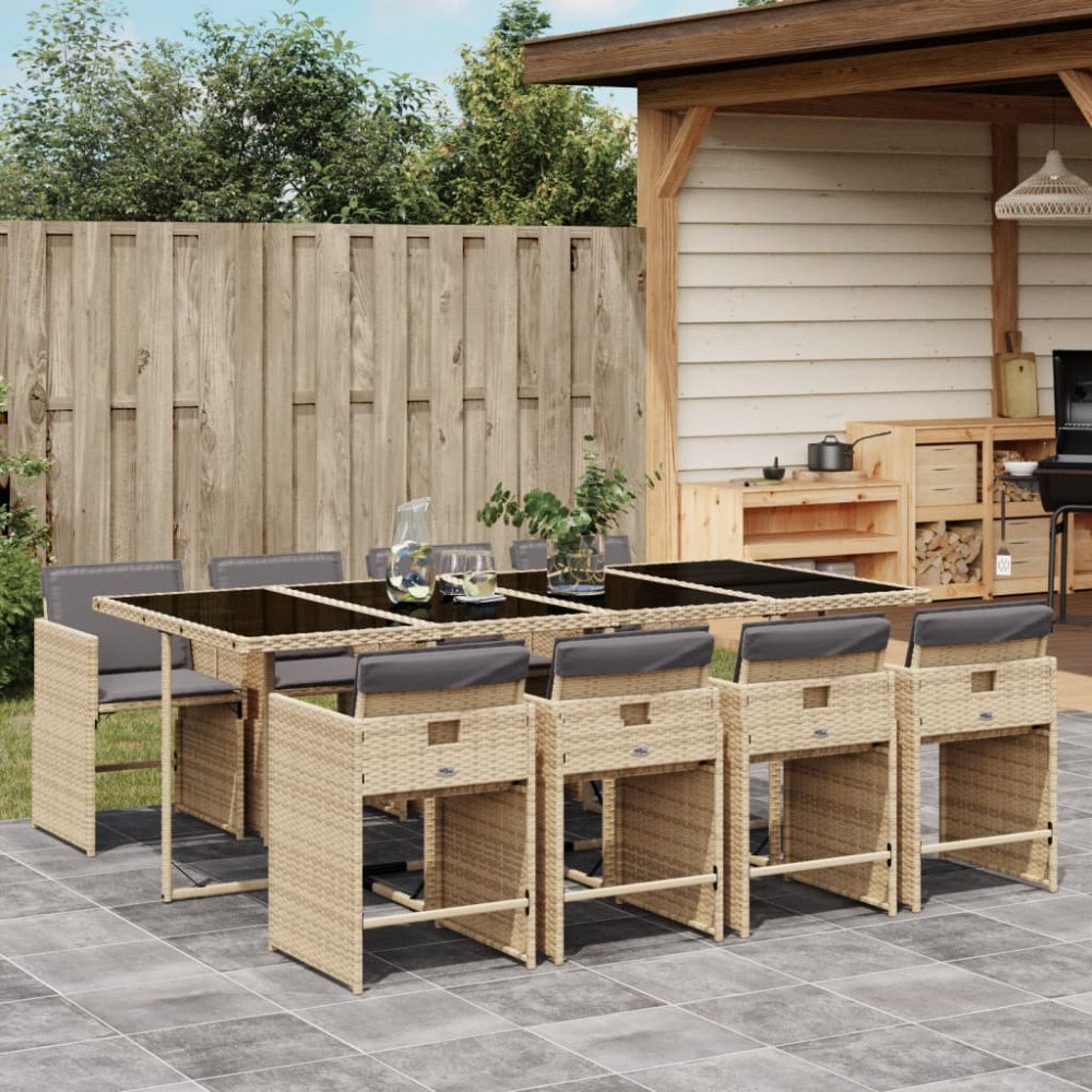 vidaXL Matgrupp för trädgården med dynor 9 delar mixbeige konstrotting