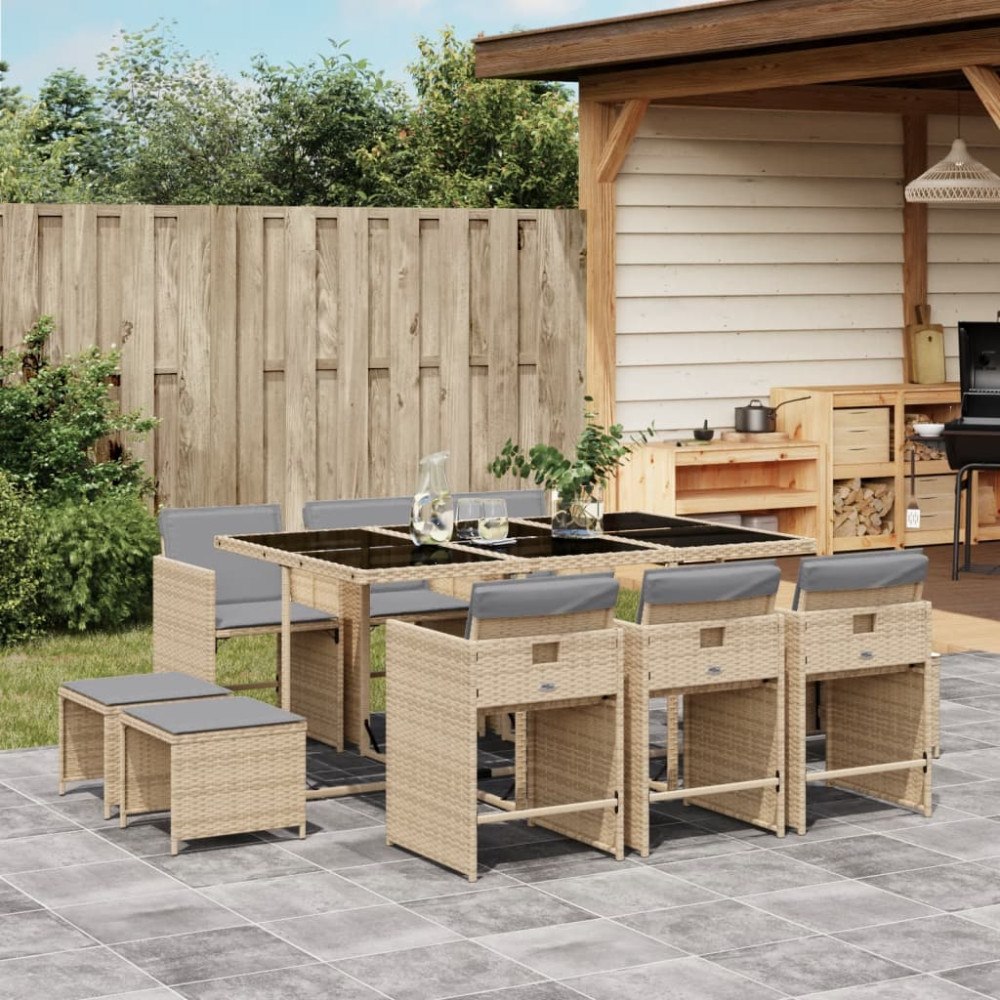 vidaXL Matgrupp för trädgården med dynor 11delar mixbeige konstrotting