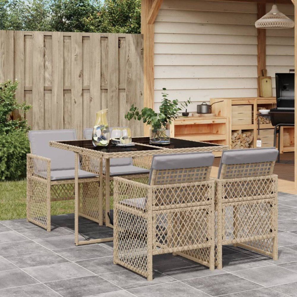 vidaXL Matgrupp för trädgården med dynor 5 delar beige konstrotting