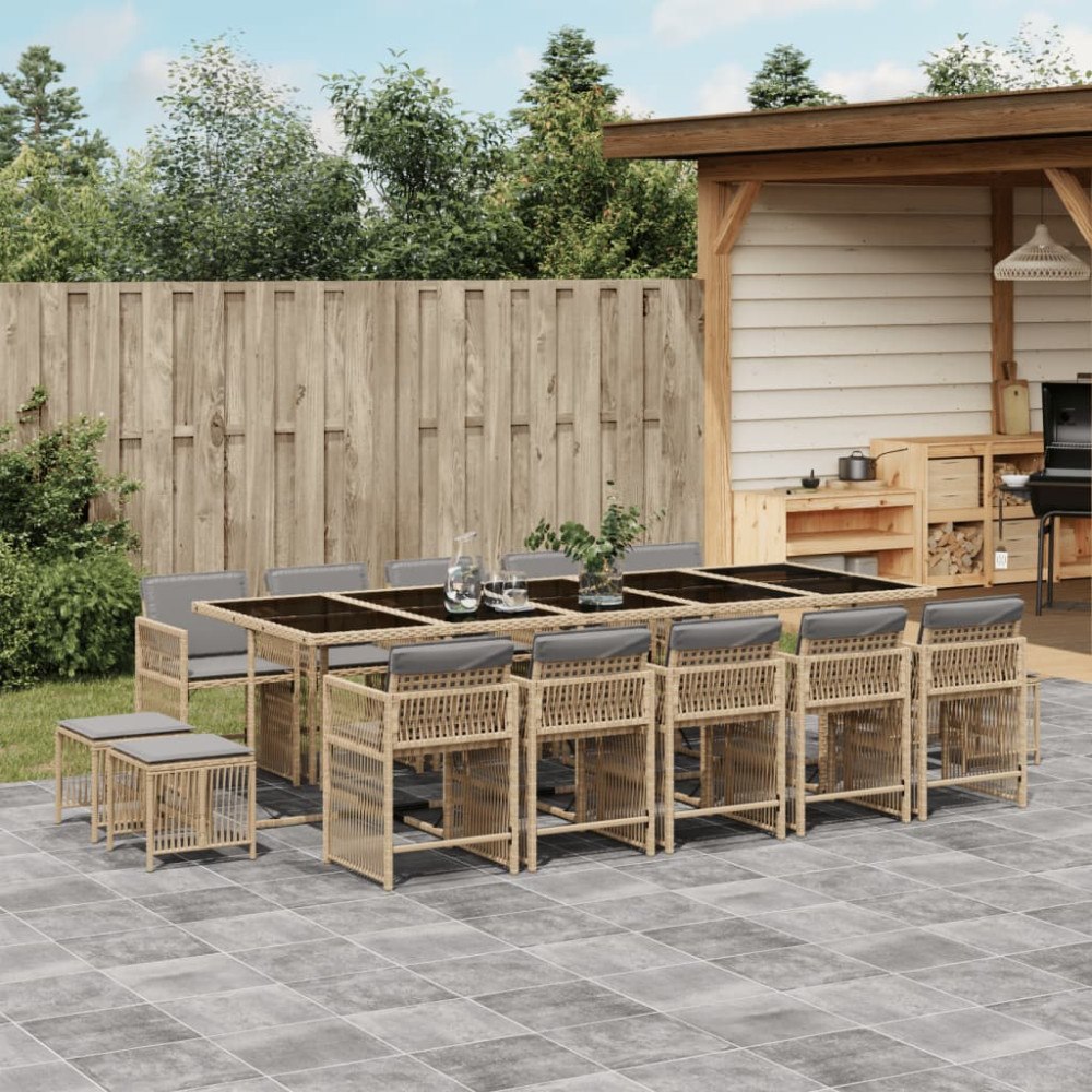 vidaXL Matgrupp för trädgården m. dynor 15 delar mixbeige konstrotting