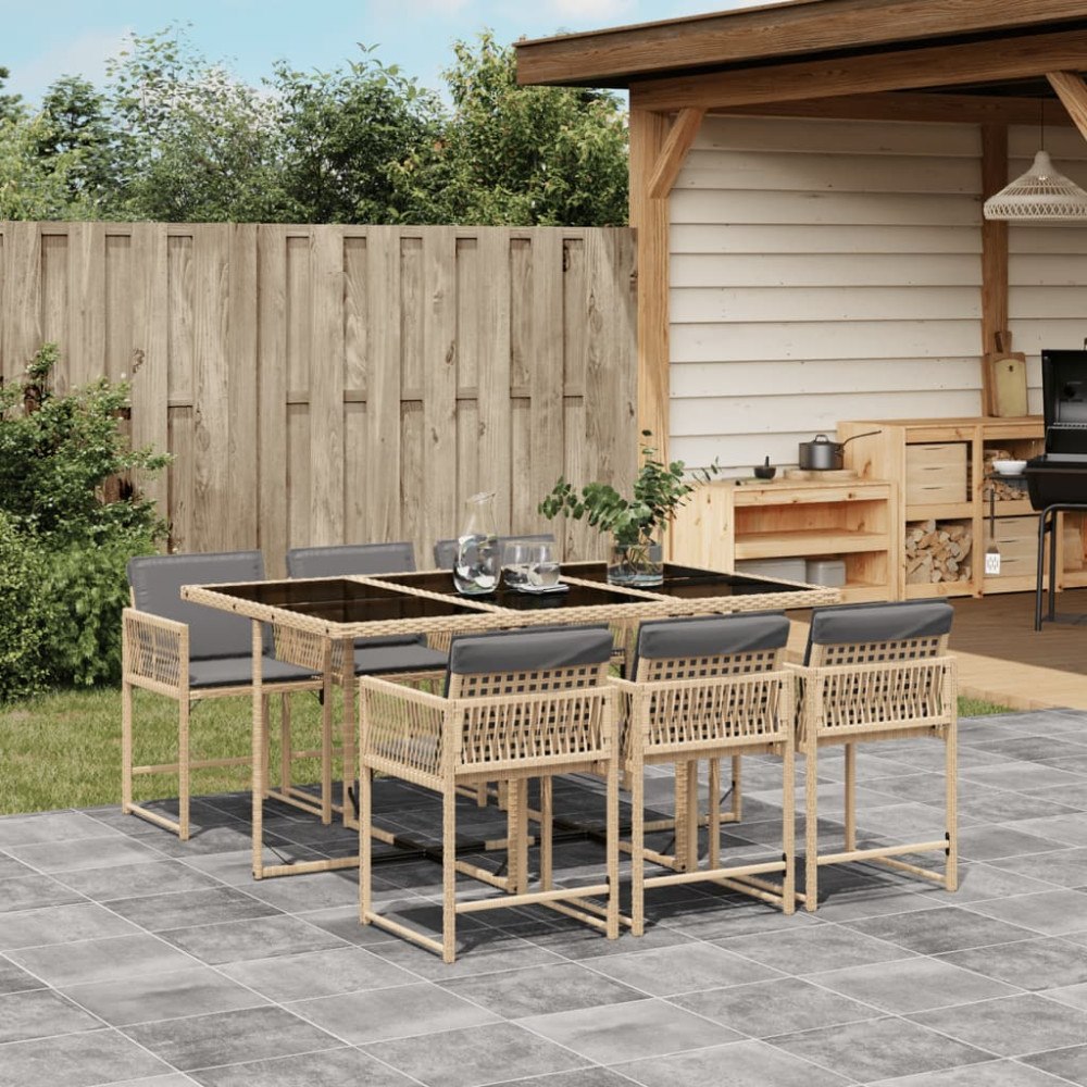 vidaXL Matgrupp för trädgården med dynor 7 delar mixbeige konstrotting