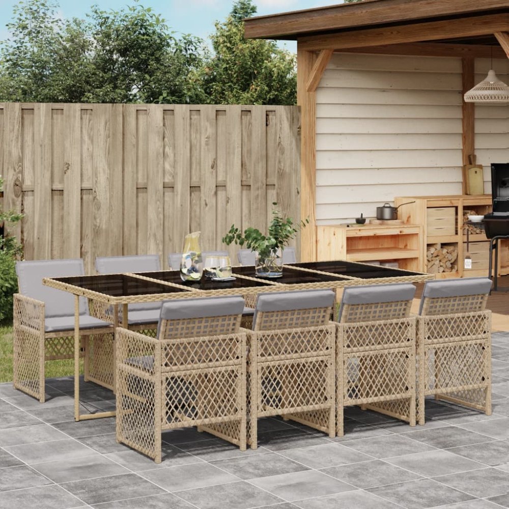 vidaXL Matgrupp för trädgården med dynor 9 delar beige konstrotting
