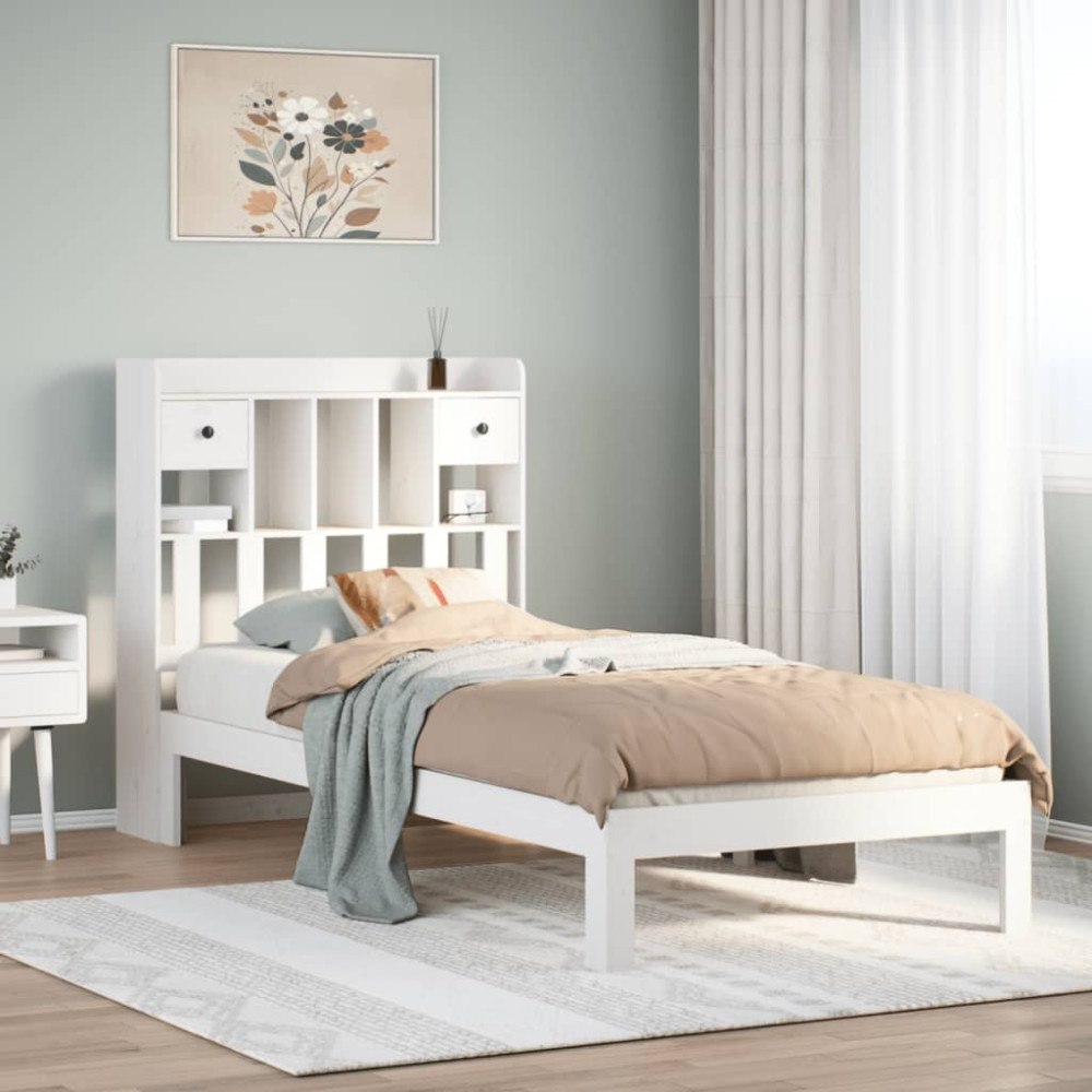 vidaXL Säng med bokhylla utan madrass vit 90x190cm massiv furu