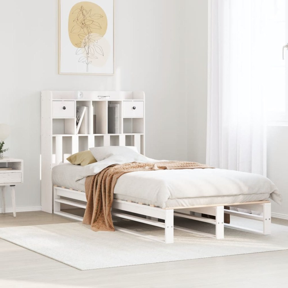 vidaXL Säng med bokhylla utan madrass vit 90x200cm massiv furu