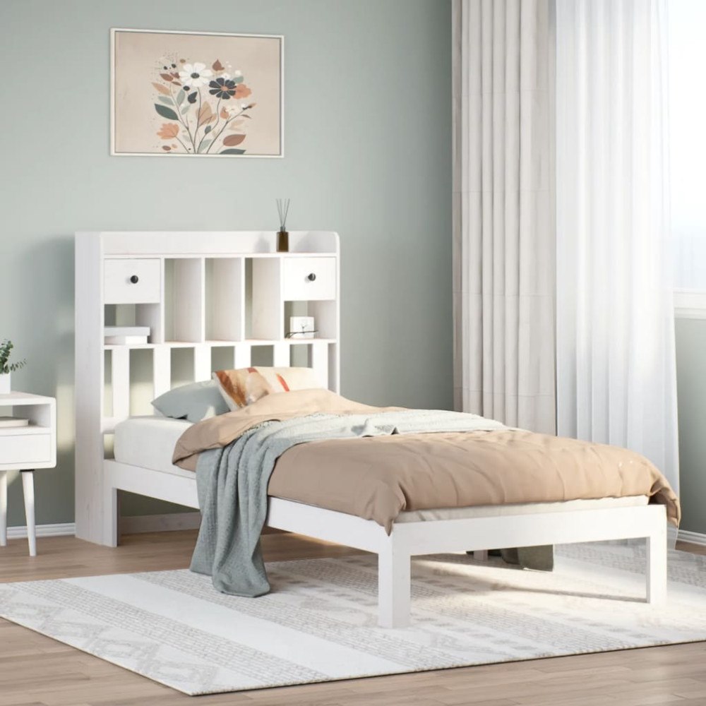vidaXL Säng med bokhylla utan madrass vit 90x200cm massiv furu