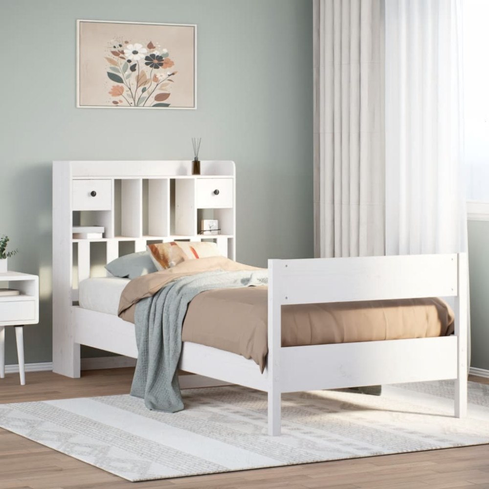 vidaXL Säng med bokhylla utan madrass vit 90x190cm massiv furu