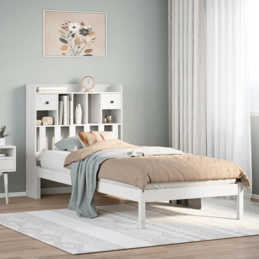 vidaXL Säng med bokhylla utan madrass vit 90x200cm massiv furu
