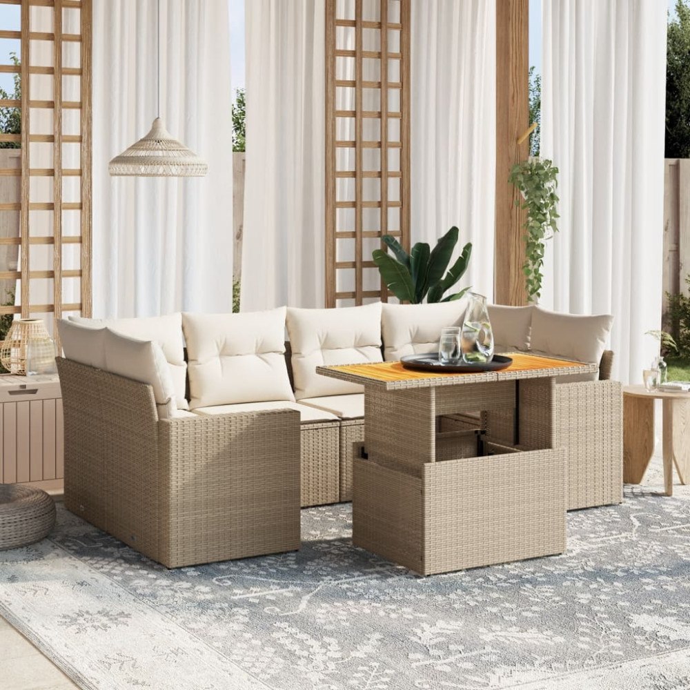 vidaXL Matgrupp för trädgården med dynor 7 delar beige konstrotting