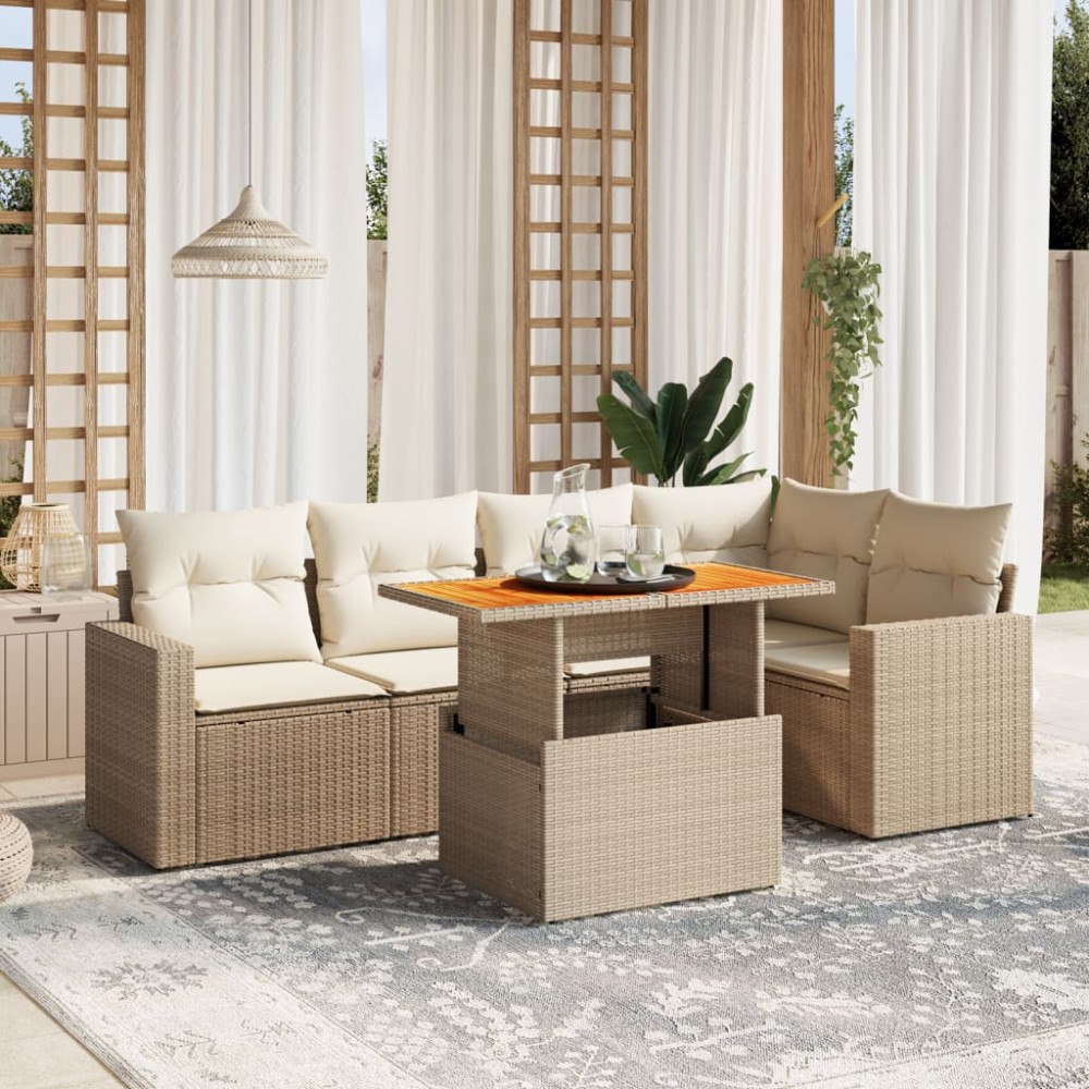 vidaXL Soffgrupp för trädgården med dynor 6 delar beige konstrotting