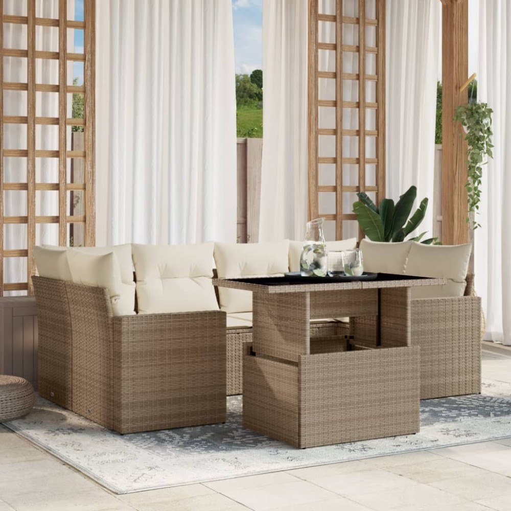 vidaXL Matgrupp för trädgården med dynor 7 delar beige konstrotting