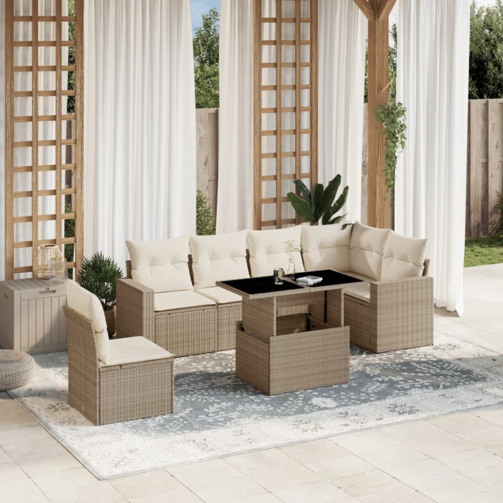 vidaXL Matgrupp för trädgården med dynor 7 delar beige konstrotting