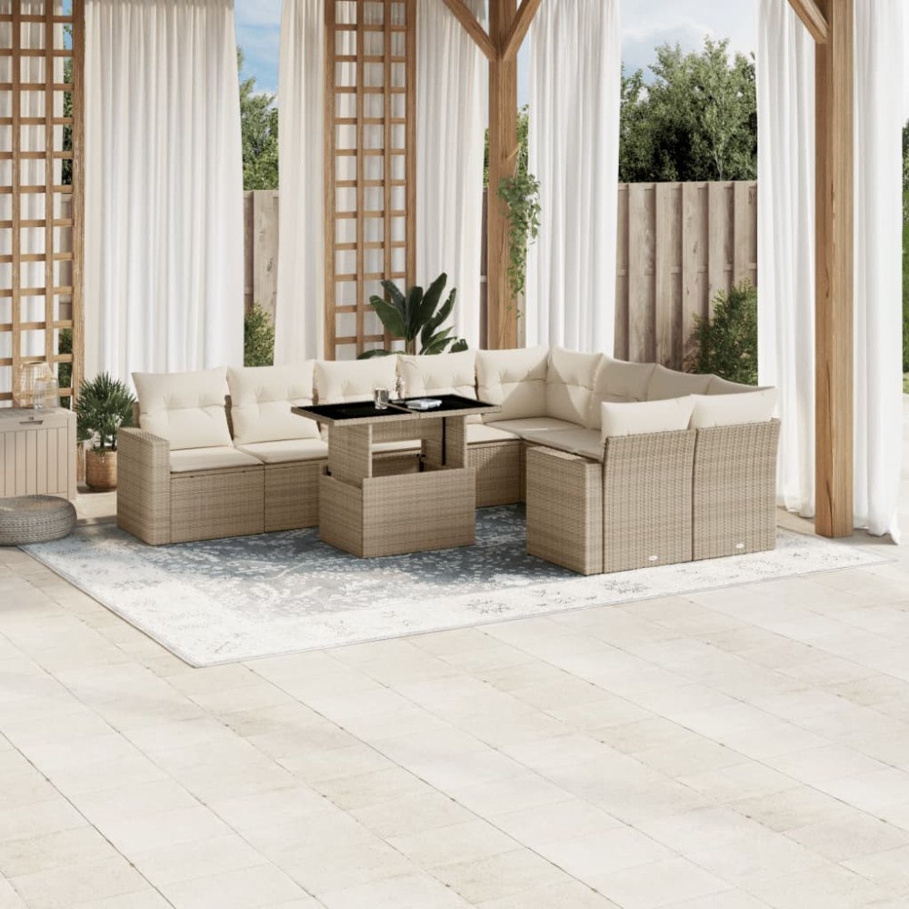 vidaXL Soffgrupp för trädgård med dynor 10 delar beige konstrotting
