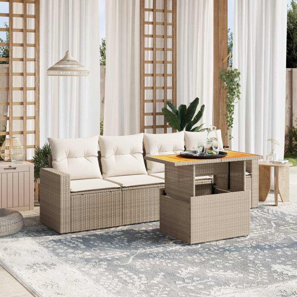 vidaXL Soffgrupp för trädgården med dynor 5 delar beige konstrotting