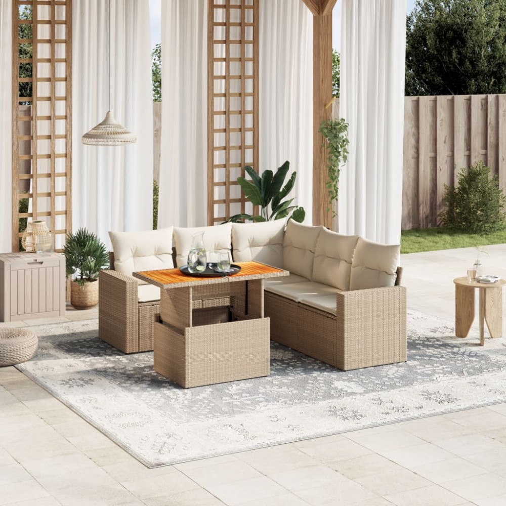 vidaXL Soffgrupp för trädgården med dynor 6 delar beige konstrotting
