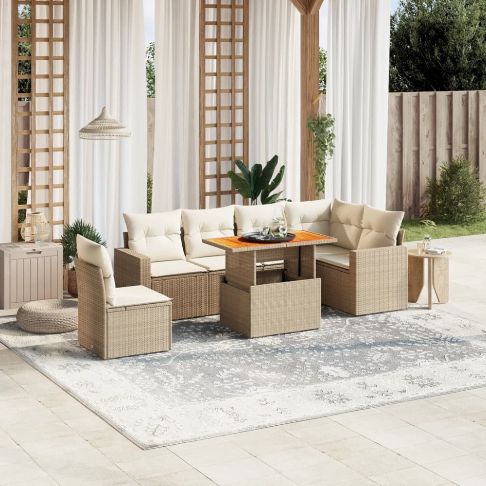 vidaXL Matgrupp för trädgården med dynor 7 delar beige konstrotting