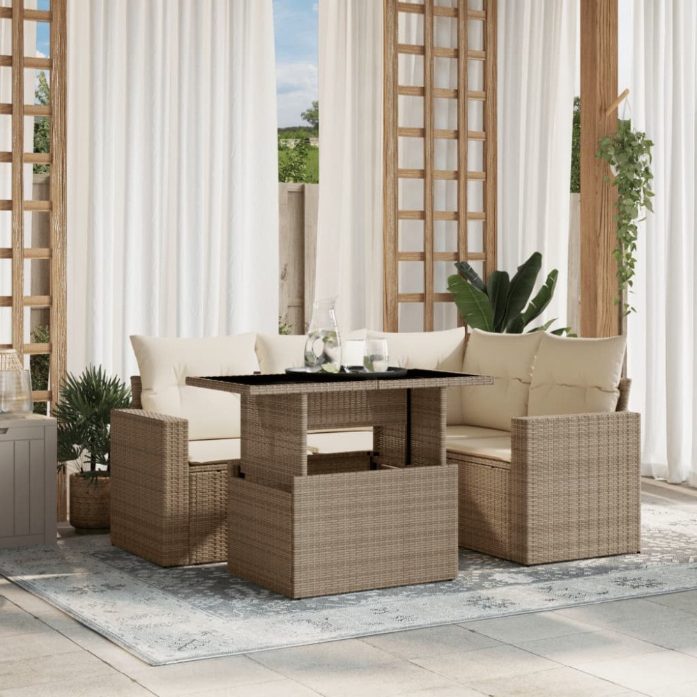 vidaXL Soffgrupp för trädgården med dynor 5 delar beige konstrotting