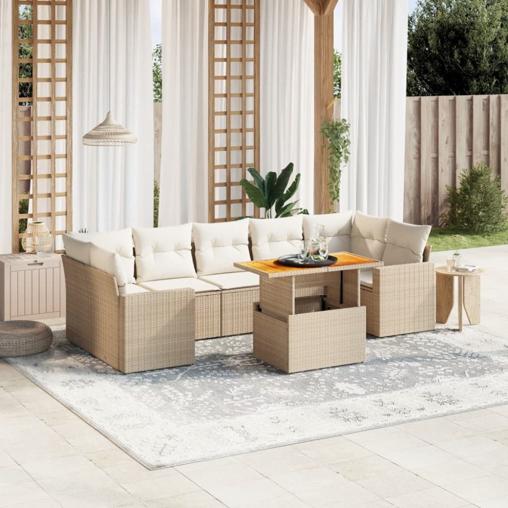 vidaXL Matgrupp för trädgården med dynor 8 delar beige konstrotting