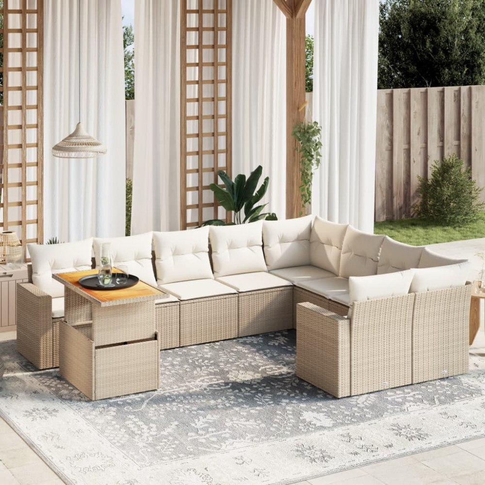 vidaXL Soffgrupp för trädgård med dynor 10 delar beige konstrotting